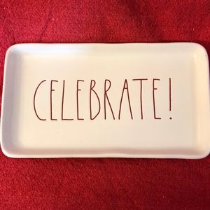 Rae Dunn CELEBRATE! Small tray, plate, trinket dish. Red letters  5 x 9 inches